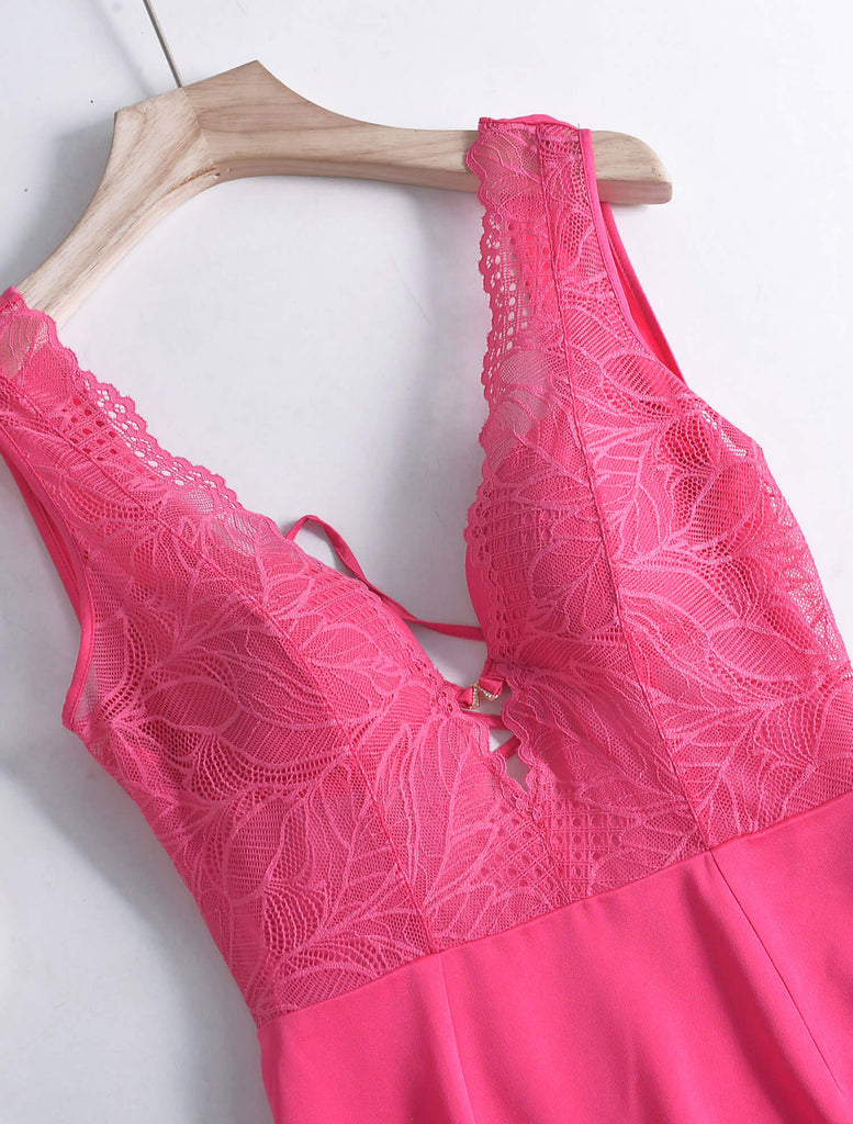 Lace Top Deep V -Neck Sexy Ties Back Hot Pink Split Thign Satin Midi Dress
